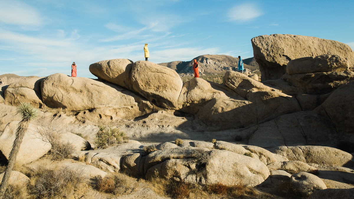 People in colorful Napsacks standing on large desert boulders among Joshua trees under a blue sky