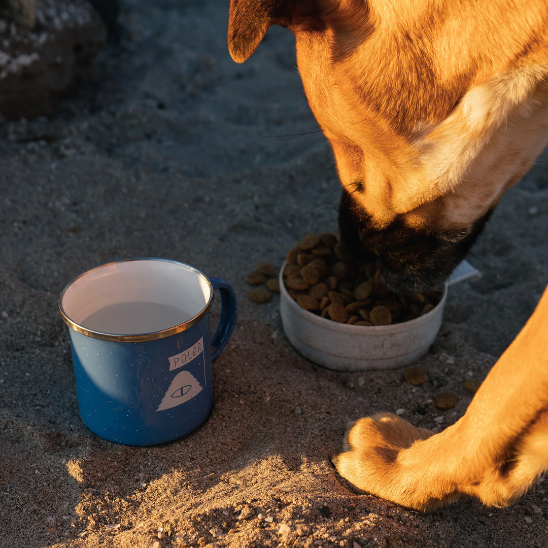 Tan dog eating kibble from a bowl in the sand next to a blue Poler enamel camp mug