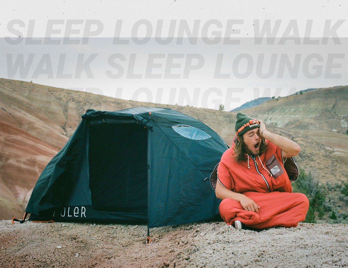 "Sleep Lounge Walk" text over a person yawning in an orange Napsack beside a dark green Poler tent in the hills